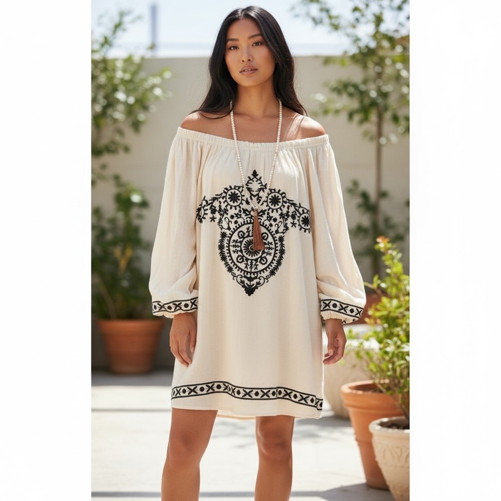 Sosie Boho Embroidered Off-Shoulder Midi Dress | NWT | Size M